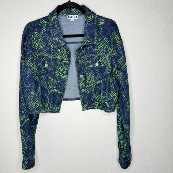 I.AM.GIA Sinead Navy and Green Tiger Cropped Jean Trucker Jacket NWOT - Picture 3 of 15